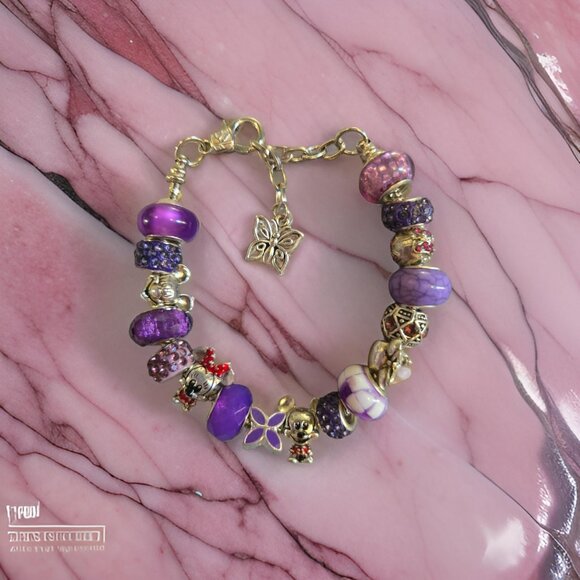 Disney/Mickey & Minnie Charm Bracelet in Purple~ 7 in + chain - Picture 3 of 3